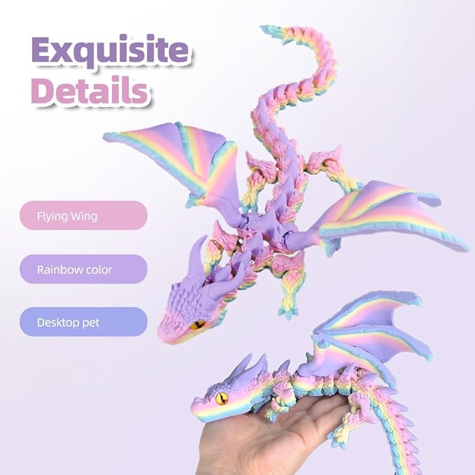 3D Printed Dragon with Wings,3D Printed Animals Toys, Fidget Dragon Toys, Flexible Articulated Winged Crystal Dragon Model,Desktop Pet Deco, Stocking Stuffers (Matte-Rainbow)