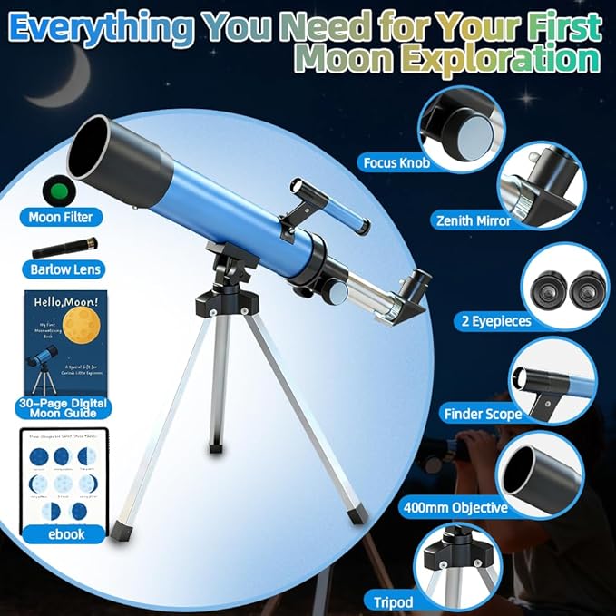 Telescope for Kids 50mm 100x Magnification Beginner Telescopio with Tripod, 2 Eyepieces & Finder Scope, STEM Educational Gift for Boys & Girls Ages 6-12, Portable Kids Telescope for Astronomy