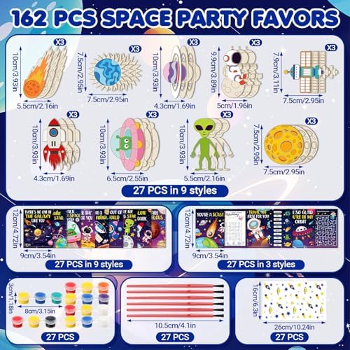 Pasimy 162 Pcs Space Party Favors Solar System Craft Kits Party Supplies Space Birthday Painting Kit Watercolor Card Wooden Cutout Galaxy Goodie Bag for Astronaut Planet DIY Project Activities(Planet) - Image 2