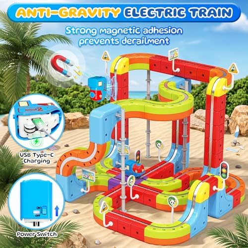 Electric Train Set for Kids, 141 Pieces (92 Tracks + 2 Cars) Magnetic Train Set for Toddlers, STEM Toys Birthday Gifts for Aged 3-12, 3D Cube Track Kits with Anti-Gravity Design for Boys Girls - Image 4