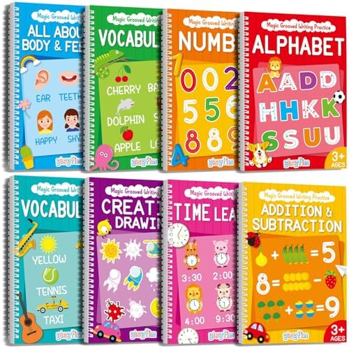 Magic Grooved Writing Practice Books for Kids 3-10, Large Reusable 3D Handwriting Workbooks with Disappearing Ink, Tracing Book Toy Gifts for Kindergarten Summer Workbook Preschool Learning Activities by gisgfim