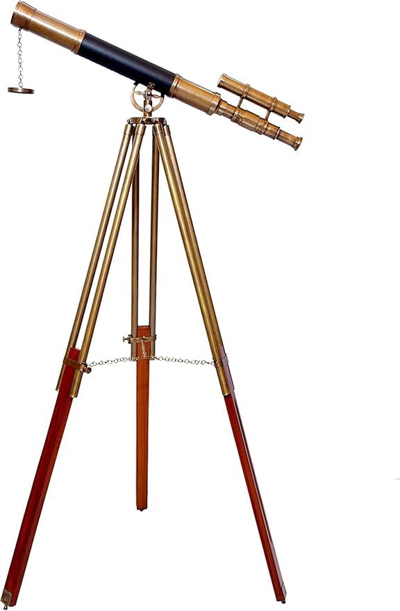 Leather Covered Brass Antique Telescope with Adjustable Wood/Brass Tripod Nautical Authentic High Magnification Manual Focus Adjust Maritime for Kids or Teenager Seniors