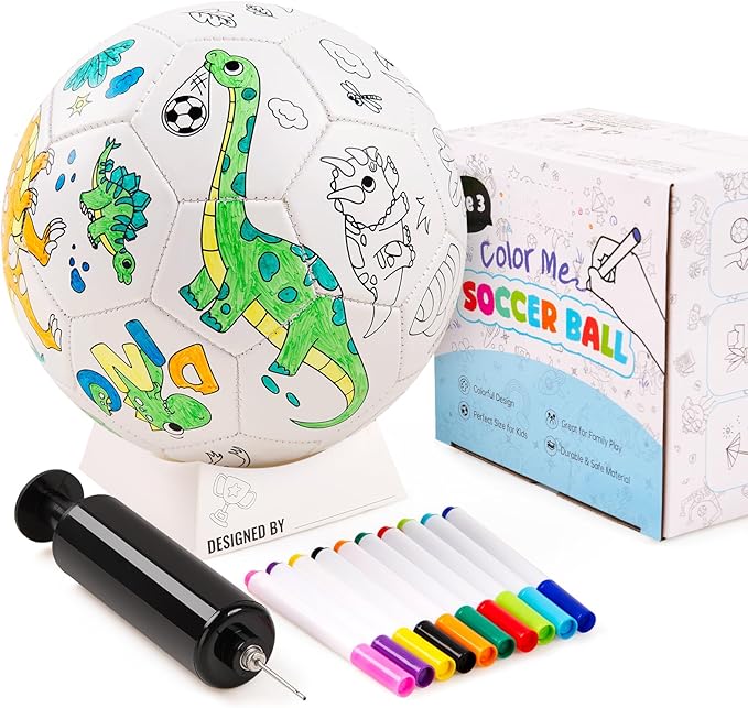 ZOOJOY Color Your Own Soccer Ball with Markers, Soccer Gifts for Girls Boys, Size 3 Dinosaur Paint Personalized Arts and Crafts Kit for Kids, Ball Game Birthday Gift Toys for Toddlers 3-10