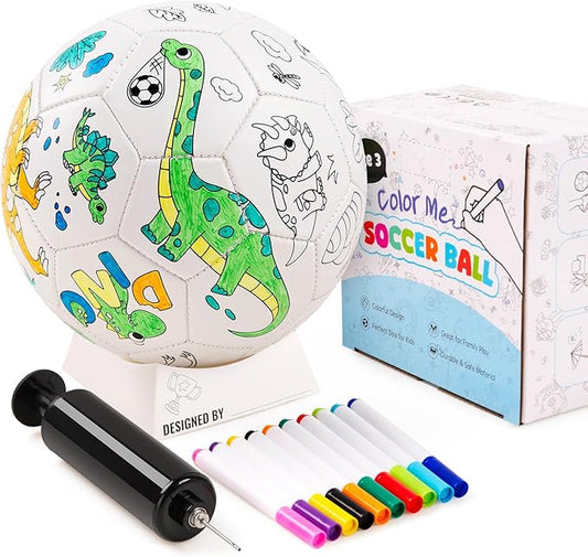 ZOOJOY Color Your Own Soccer Ball with Markers, Soccer Gifts for Girls Boys, Size 3 Dinosaur Paint Personalized Arts and Crafts Kit for Kids, Ball Game Birthday Gift Toys for Toddlers 3-10