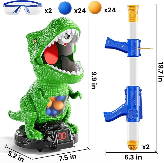 Movable Dinosaur Shooting for Toys Kids 4-6, Electronic Kids Target Games with 2 Air Pump Guns, LCD Score Record, Sound, 48 Foam Balls, Birthday Gifts for 3 4 5 6 7 8 9 Year Old Boys Girls
