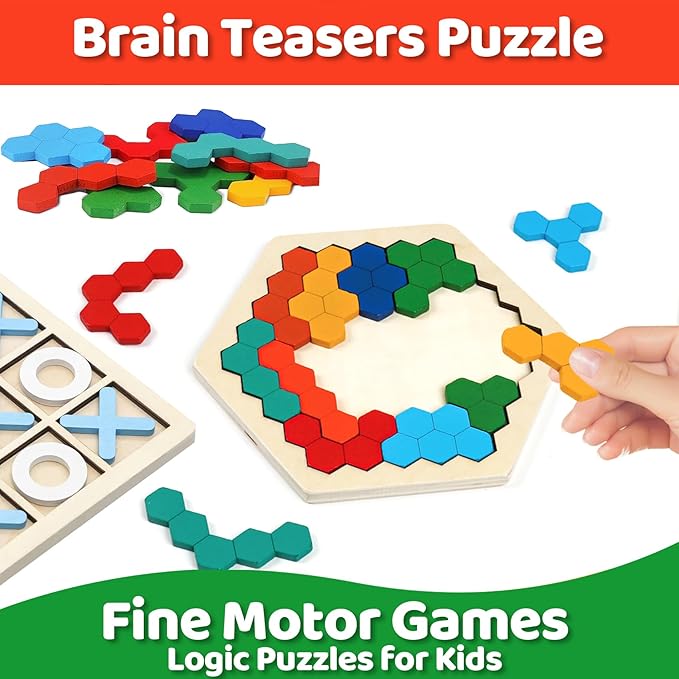 Wooden Puzzles,Geometric Shape Logic Hexagon Puzzle Toys Brain Teasers STEM Montessori Educatioanl IQ Board Games for Kids Boys Girls Ages 3+ (4 Pack)