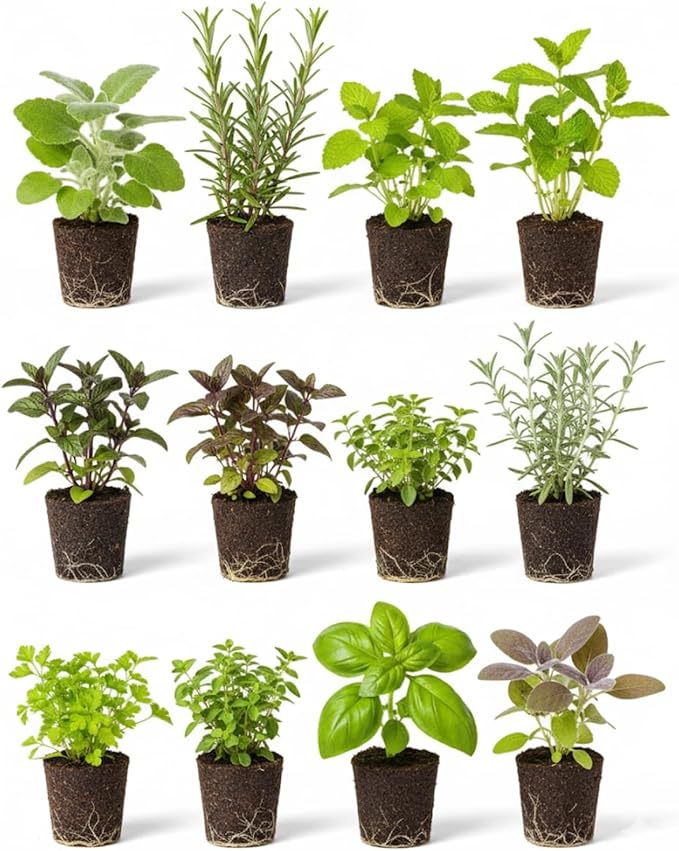4 Assorted Herbs Plants, Mixed Herb Plants, Basil, Rosemary, Mint, Lemon Balm, and Other Varieties, 3-6" Live Herbs Collection for Indoors Outdoors Garden, Kitchen, Well Rooted, No Pot