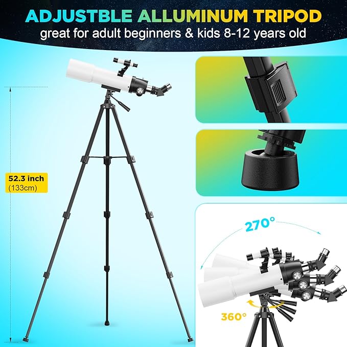 90MM Telescope for Adults and Kids 8+: 150X High Powered Astronomical Portable Refracting FMC Beginners Explorer Scope Toys for Girls Boys 8-12 Xmas Gift Travel Stars Gazing w Professional Tripod