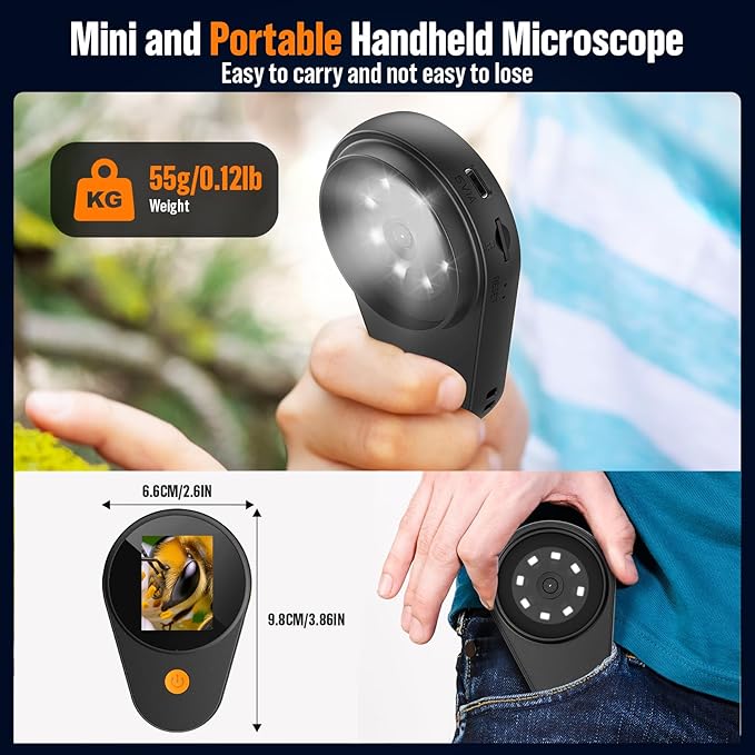 Microscope Magnifying Glass for Kids and Adults: Portable Handheld Digital Microscope with Light - 100X Pocket Jewelers Loupe with 2" Screen - USB Mini Coin Collectors Magnifier for Windows Mac OS