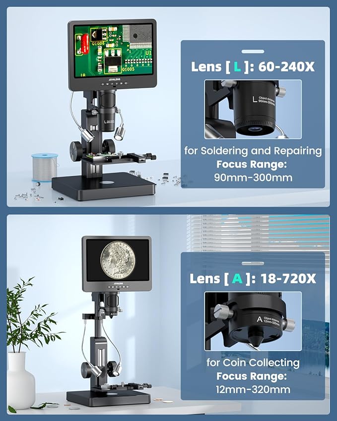 JL269S 5 Lens 10.1'' HDMI Digital Microscope 5000X with Endoscope, 24MP Biological Microscope for Adults Kids Home Lab, Coin Microscopes Full View for Error Coins, Windows PC Compatible, 32GB
