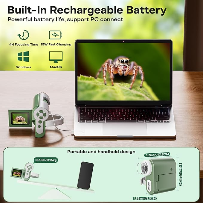 LAKWAR 1000X Handheld Digital Microscope for Kids: 4K 2.0" Screen Portable Digital Microscope for Kids 8-12 Home School Science Education (Green)