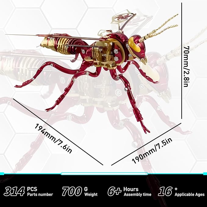 Microworld 3D Metal Puzzle, Northern Giant Hornet 3D Metal Model Kit, Mechanical Wasp 3D Puzzle for Adults, DIY Challenge 3D Puzzles Home Decor Art Craft Gifts (Red Gold)