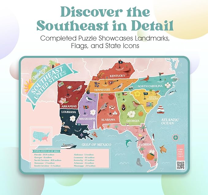 Geotoys Southeast Region Jigsaw Puzzle - 250 Piece Puzzles for 8 Year Olds - Jigsaw Puzzles for Kids Ages 8-12 Years Old - Kids Puzzle Games with Colorful Landmarks