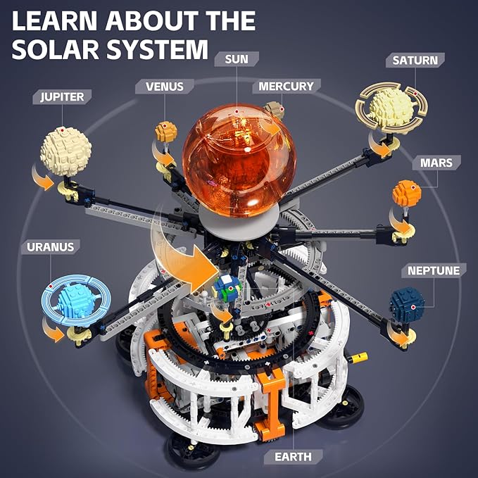 Dual-Mode Spinning Solar System Space Building Kit, STEM Model with Rotating Planets, Light-up Sun and Astronomy Educational Toys for Kids, Outer Space Birthday Gift for Ages 8+ (1282 PCS)