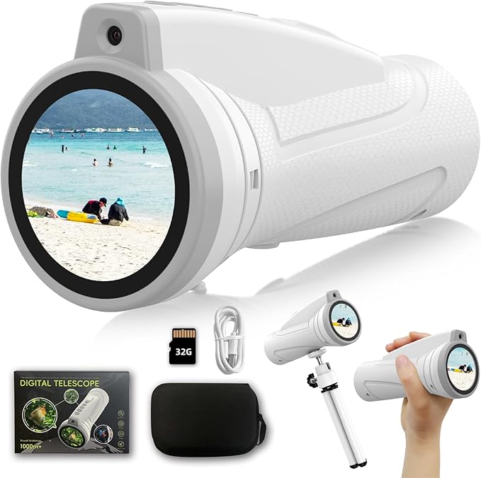 Kids Monocular for Bird Watching & Astronomy - Digital Telescope with Self-Timer, Boys Girls Camping Outdoor Exploration (White)