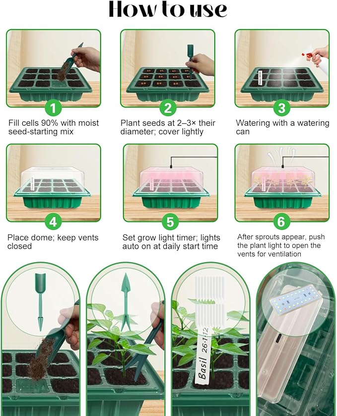 Seed Starter Tray with Grow Light (4x 24-LED), 4 Pack 48-Cell Seed Starter Kit with Humidity Domes and Timing Controller, Adjustable Brightness, Reusable Thicken Seedling Starter Tray Germination Kit