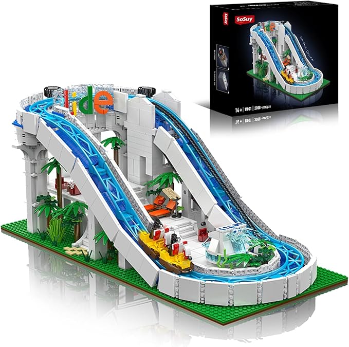 Sosuy Water Slide Building Blocks Sets, 2088+ Pcs Motorized Aqua Coaster Model with Ride Cars Tropical Theme, Toy for Boy Teens Adults, for Adult Kids Boys Girls 8+
