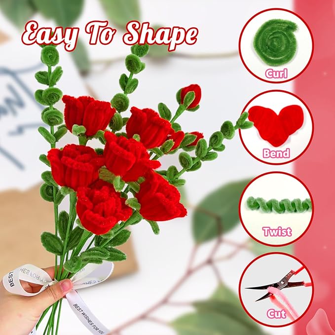 500 Pcs Pipe Cleaners Craft for Flowers, Pastel Chenille Stems for DIY Art Projects Creative Gift(6 Colors), Pipe Cleaner Flower Kit with Floral Stems, Gardening Tape,Stamen& Pearls (Rose Flower)