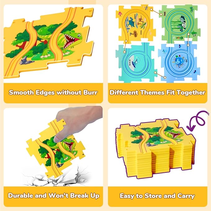 Puzzle Racer Kids Car Track Set, Kids Toys Boys 3-5, Toys for 3 4 5 6 Year Old Boys, Toys for Ages 3-4, Montessori Toys for 3+ Year Old, Fat Brain Toys(100Pcs, 4 Themes)