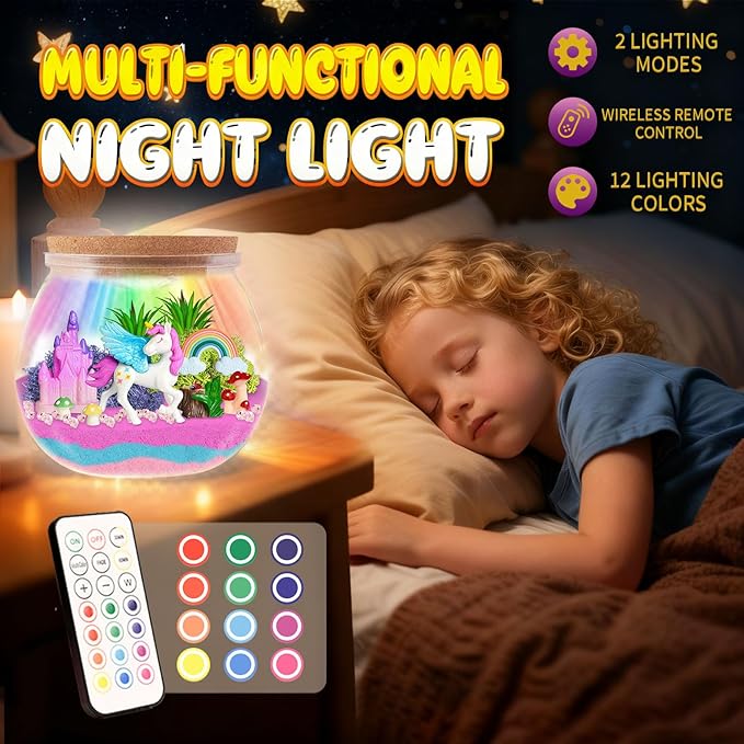 Unicorn Light-Up Terrarium Children's Craft Kit -LED Night Light Decorative Strip Remote Control, Birthday Gift for girls aged 4, 5, 6, 7, 8 - 12 Unicorn Children's Girl Gift, DIY art for children