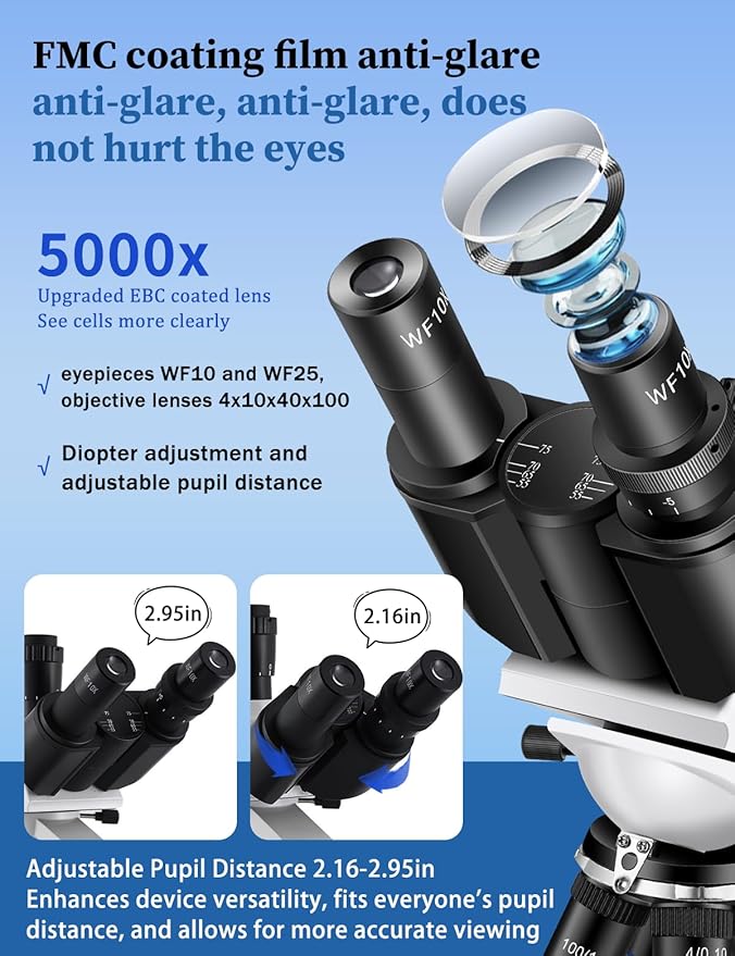 Microscope for Adults 40X-5000X Magnification Lab Grade with Dual Mechanical Stages and HD USB Camera Trinocular Microscope