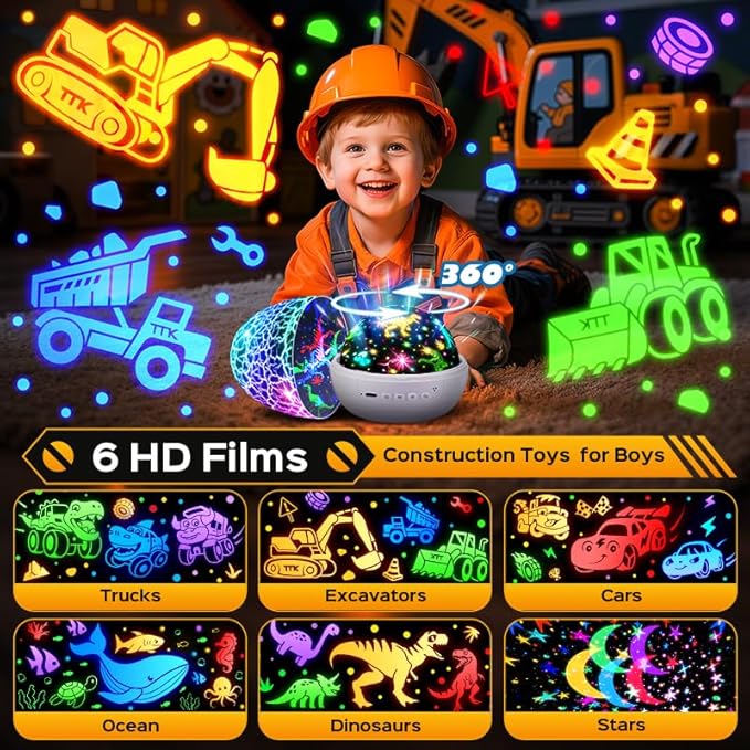 Pikoy Construction Excavator Toys【15 Sounds & 6 Films】Truck Toys for Ages 5-7[31 Colors & Remote Control] Dinosaur Egg Light for Nursery Toddler Boys Birthday Gifts,Kids Christmas Gifts 1-8 Years Old