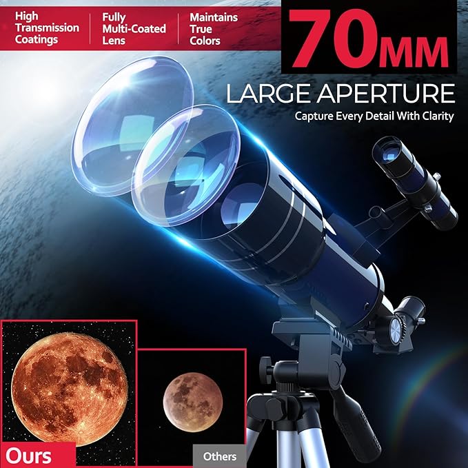 Telescope for Beginners & Kids, 70mm Aperture Refractor Astronomy Telescope with 300mm Focal Length, 15X-150X Magnification, Includes Full Accessory Kit & Tripod, Phone Adapter, Wireless Remote