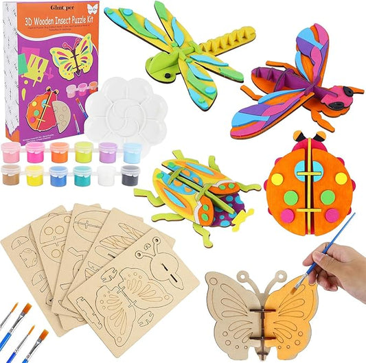 Glintoper Wooden Insect Crafts Painting Kit for Kids, 5 Piece Set 3D Insect Puzzle with Brushes & Paint, Gift for Boys Girls Age 3 4 5 6 7 8, DIY Your Own for Christmas Easter Birthday Party Favors