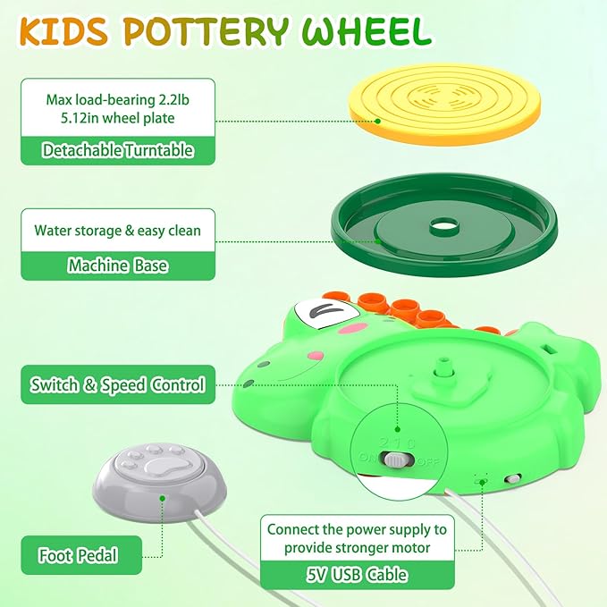 Pottery Wheel for Kids, Complete Pottery Painting Craft Kit, Arts and Crafts for Kids Ages 8-12, Art Supplies for Kids Toys Boys Birthday Christmas Gift for 6 7 8 9 10 11 12 13 Year Old, Green