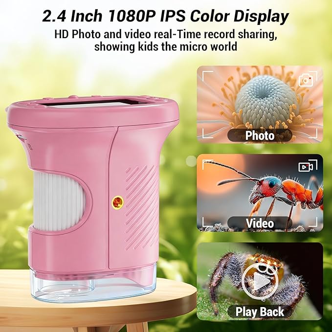 Pocket Kids Microscope, 1000X Handheld Microscope for Kids w/2.4'' Screen, Photo Video Mini Portable Microscopes Science Edu Digiscope, Christmas Birthday Gifts Ideas for Kids Ages 3-12
