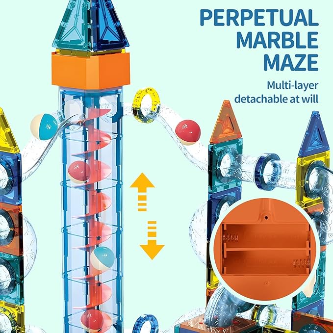 Motorized Marble Run Set – 107-Piece Magnetic Tile Building Toy with Ferris Wheel & Elevator, STEM Marble Maze Game for Kids Ages 6-12, Educational Gift with Lights & Music