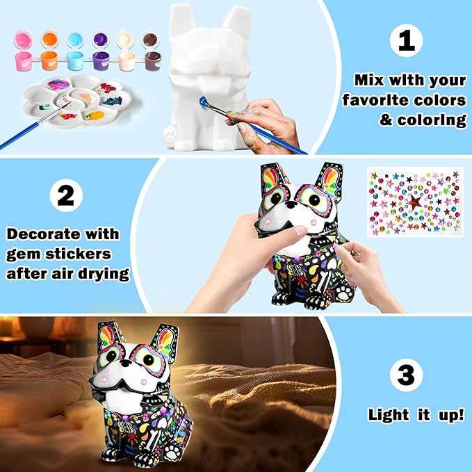 FUNZBO Paint Your Own Dog French Bulldog Lamp Kit - Arts and Crafts Supplies Painting Kits for Kids Teens, DIY Night Light Dog Toy for Toddler Girl Boy 3 4 5 6 7 8 9 10 11 12 Christmas Birthday Gifts