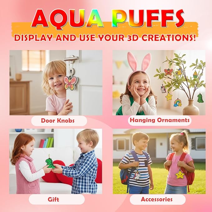 Aqua Puffs 3D Art Kit for Kids, Stocking Stuffers – Mess-Free Paint by Number Crafts with Princesses & Unicorns, DIY Color & Inflate Activity Set, Creative Travel Toy & Gift for Girls & Boys Ages 4-10