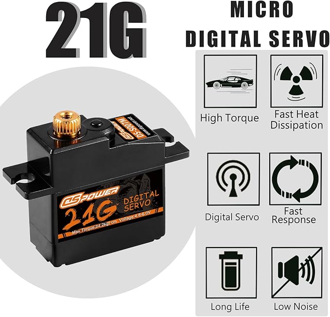 2PCS 21G Mini Digital Servo, Steering Gear Full Metal Gear Micro RC Servos Motor Kit with 25T Servo Horn for 1/18 1/16 1/14 RC Car Model Boat Fixed-Wing Helicopter Airplane Robot Toy