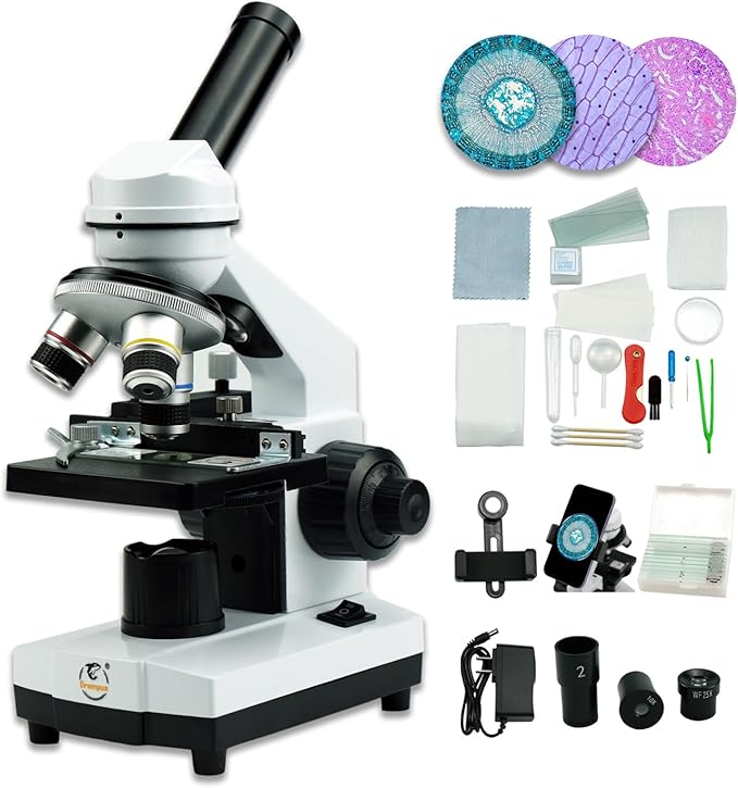 Grampus Achromatic Compound Minocular Microscope 40X-2000X, Dual LED Illumination, 10 Prepared Slides, 100 Cover Slips and Experiment Kit Offered for Kids Students Adults and Children