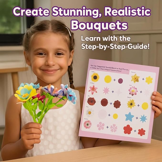 TOMLEON Fabric Flower Bouquet Craft Kit for Girls Ages 3+ – Create Reusable Fabric Flowers with Press Tool & Stems – Endless DIY Bouquets – No Glue, No Sewing – Perfect Creative Gift for Kids
