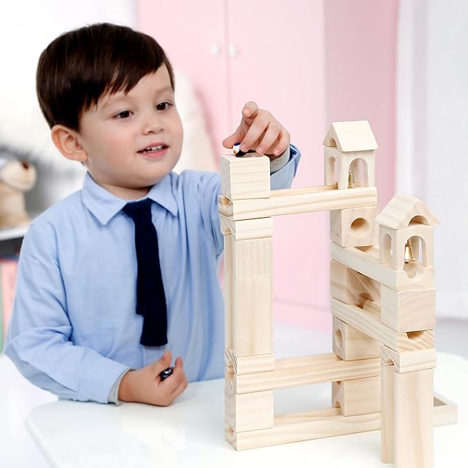 Wooden Marble Run for Kids Ages 4-8, 60 Pieces Wood Building Blocks Toys and Construction Play Set, Marble Track Maze Game STEM Learning Toys Gifts for Boys Girls