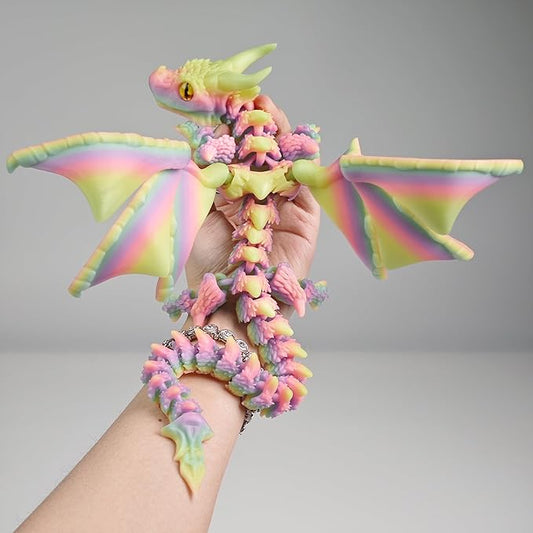 3D Printed Dragon with Wings,3D Printed Animals Toys, Fidget Dragon Toys, Flexible Articulated Winged Crystal Dragon Model,Desktop Pet Deco (Luminous-Rainbow)