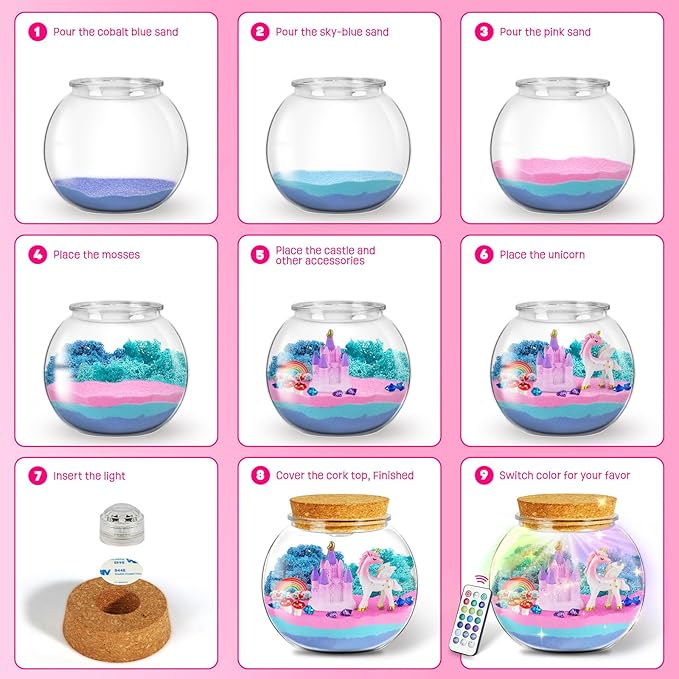 Unicorn Gifts for Girls - Light Up Terrarium Kit for Kids - DIY Unicorn Toys for Girls Age 4 5 6 7 8-12 Year Old, Arts and Crafts Kit for Kids, Christmas Halloween Birthday Gifts