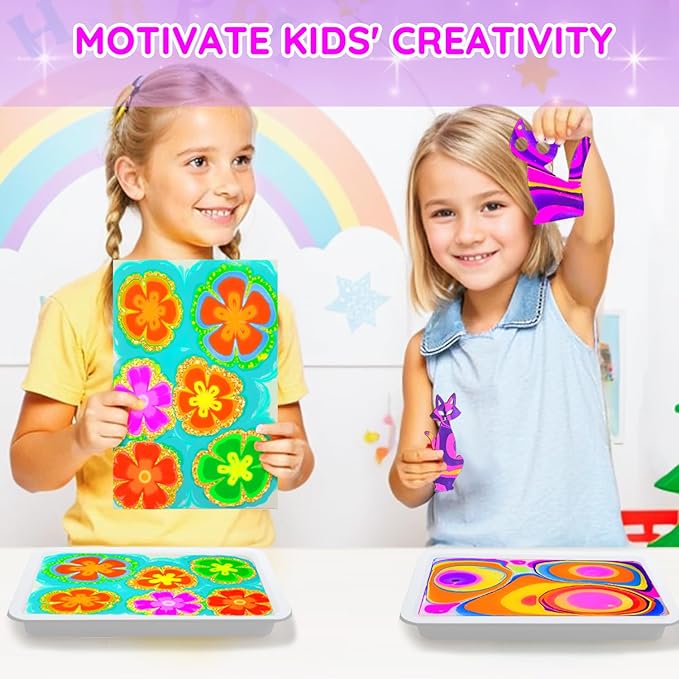 MOMUSE Marbling Paint Art Kit for Kids with Dual Trays, Passed Toxicology, Metallic Gold Water Marble Painting Kit, Creative Arts Crafts Kits for Kids Girls & Boys Ages 6 7 8 9 10, Birthday Gifts