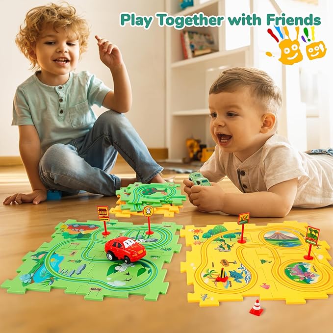 Plastic Floor Puzzles for Kids Ages 3-5 with 2 Cute Vehicles, Race Tracks for Kids 3-5, Puzzle Racer Kids Car Track Set, Toys for 3 4 5 6 Year Old Boys Girls, STEM Toys for Kids