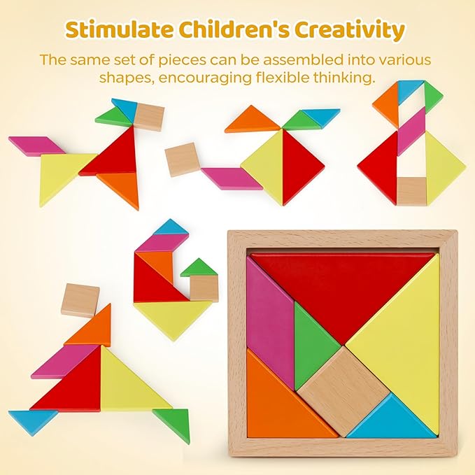 5 Pack Wooden Brain Teaser Puzzles Sets for Kids,Montessori Brain Blocks Logic Tangram Geometric Shapes Puzzle Matching Games Christmas Stocking Stuffers Gifts for All Ages Boys Girls