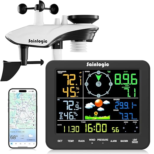 Sainlogic Smart WiFi Weather Stations Wireless Indoor Outdoor SA8 Plus,24/7 AI Weather Forecast by Weatherseed®, Home Weather Station with APP/Email Alert, Rain Gauge, 2-Year Data Storage（Only 2.4G）