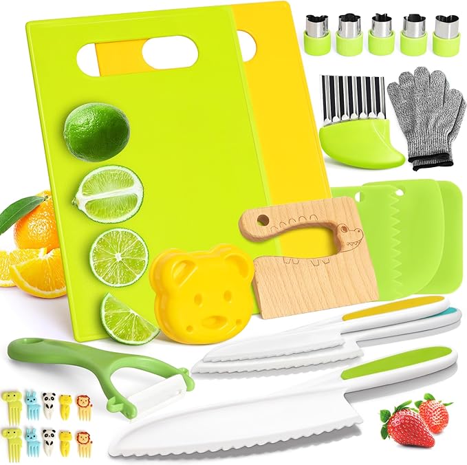 28PCS Toddler Knife Set - Kids Knifes for Real Cooking, Montessori Kids Kitchen Knife Set with Cutting Board Crinkle Cutters Kid Safe Knives, Toddlers Kitchen Tools for Age 2-10 Year Old Girl Boy