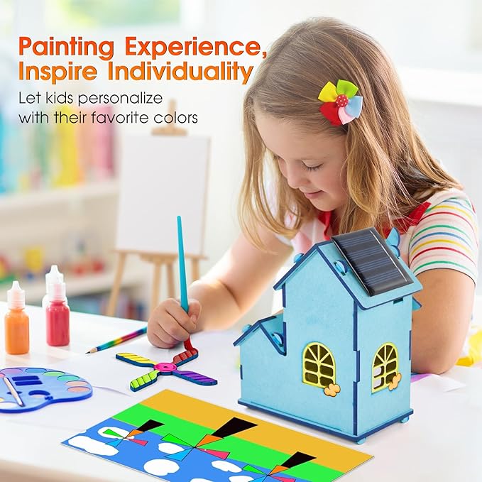 Solar Powered 3D Puzzle House STEM Kit - DIY Wooden Science Toy for Kids Ages 8-12, Solar Model Construction Craft Kit with Windmill, Educational STEM Toy Kit & Science Craft for Children