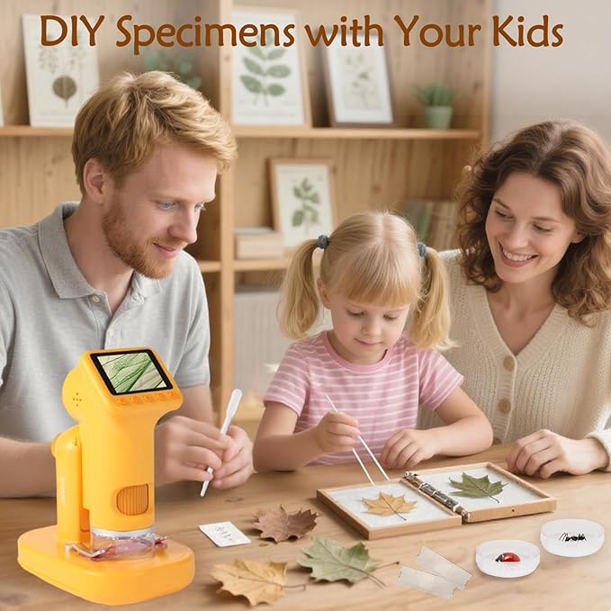 1600X Microscope for Kids, Detachable Handheld Mini Digital Microscope with Photo Video Function, Rechargeable Educational Toys with 64GB, 6 Slides and Make Tool Gift for Kids