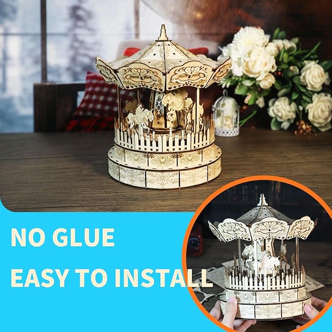 Music Park 3D Wooden Puzzle Carousel Music Box You are My Sunshine Model Kits for Adults Birthday Christmas Unique Gift for Women