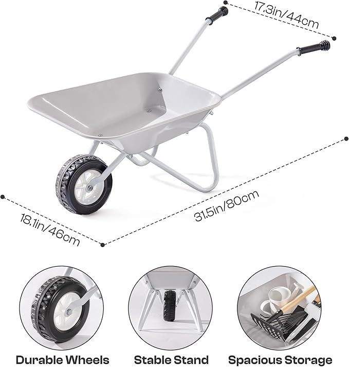 ROBOTIME Kids Wheelbarrow with Gardening Set – Metal Wheelbarrow Toddler Outdoor Play Toy with Garden Tools, Watering Can & Plant Labels, Pretend Play Yard Equipment for Boys and Girls (Grayish white)