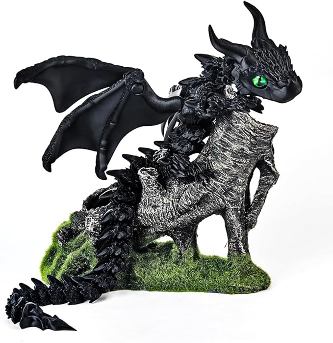 3D Printed Dragon with Wings,3D Printed Animals Toys, Fidget Dragon Toys, Flexible Articulated Winged Crystal Dragon Model,Desktop Pet Deco, Stocking Stuffers (Matte-Black)