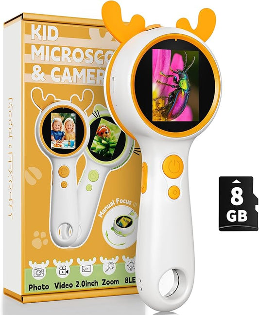 3-in-1 Kids Microscope and Camera - 2" LCD, 600x, Adjustable Focus, Handle Magnifying Glass, Portable Handheld for Outdoor Exploration, STEM Learning, 8GB SD Card Included
